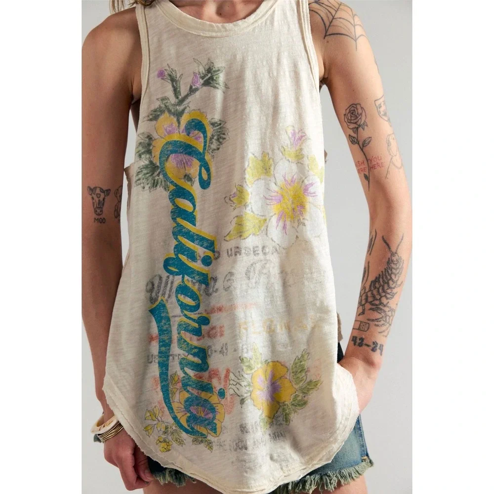 Free People Rosie Graphic Tank large Cream New California relaxed lightweight